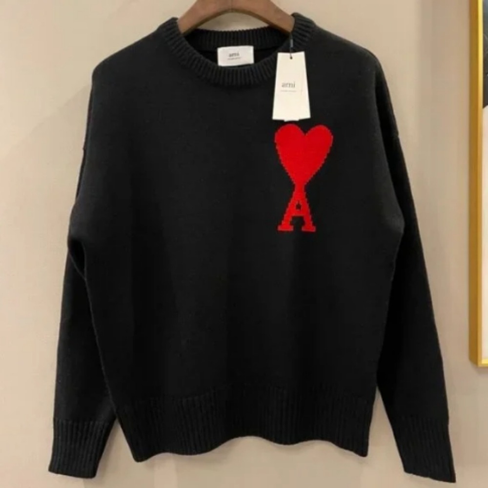 ami paris heart jacquard wool blend crew neck sweater